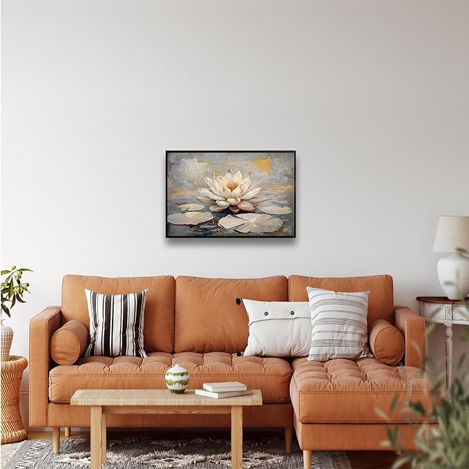 Ethereal white lotus floating on Crystal Waters poster vintage oil painting printwall art soft blush and gold accents serene home and office decor dreamy 24x36in Metal blackFramed