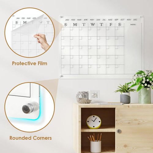 MAKELLO Acrylic Wall Calendar - 24" x 18" Clear Dry Erase Planner for Office, Home & School | Includes 4 Pens & Holder