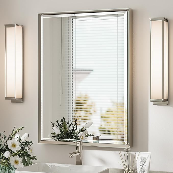 Brushed Nickel Bathroom Mirror, 22x30 Inch Beveled Framed Bathroom Mirror Anti-Rust, Brushed Nickel Metal Frame Bathroom Vanity Mirror for Wall, Vertical/Horizontal Wall-Mounted Mirrors