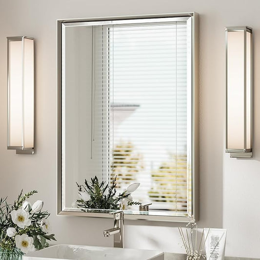 Brushed Nickel Bathroom Mirror, 22x30 Inch Beveled Framed Bathroom Mirror Anti-Rust, Brushed Nickel Metal Frame Bathroom Vanity Mirror for Wall, Vertical/Horizontal Wall-Mounted Mirrors