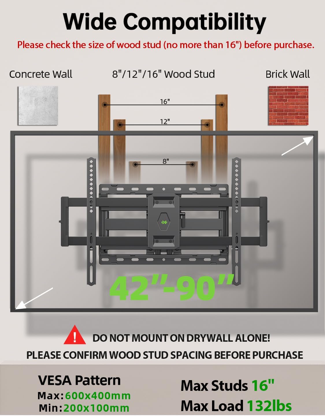 USX Mount Full Motion TV Wall Mount - Dual Swivel Articulating Tilt for 42-90 Inch TVs | VESA 600x400mm, Holds 132lbs