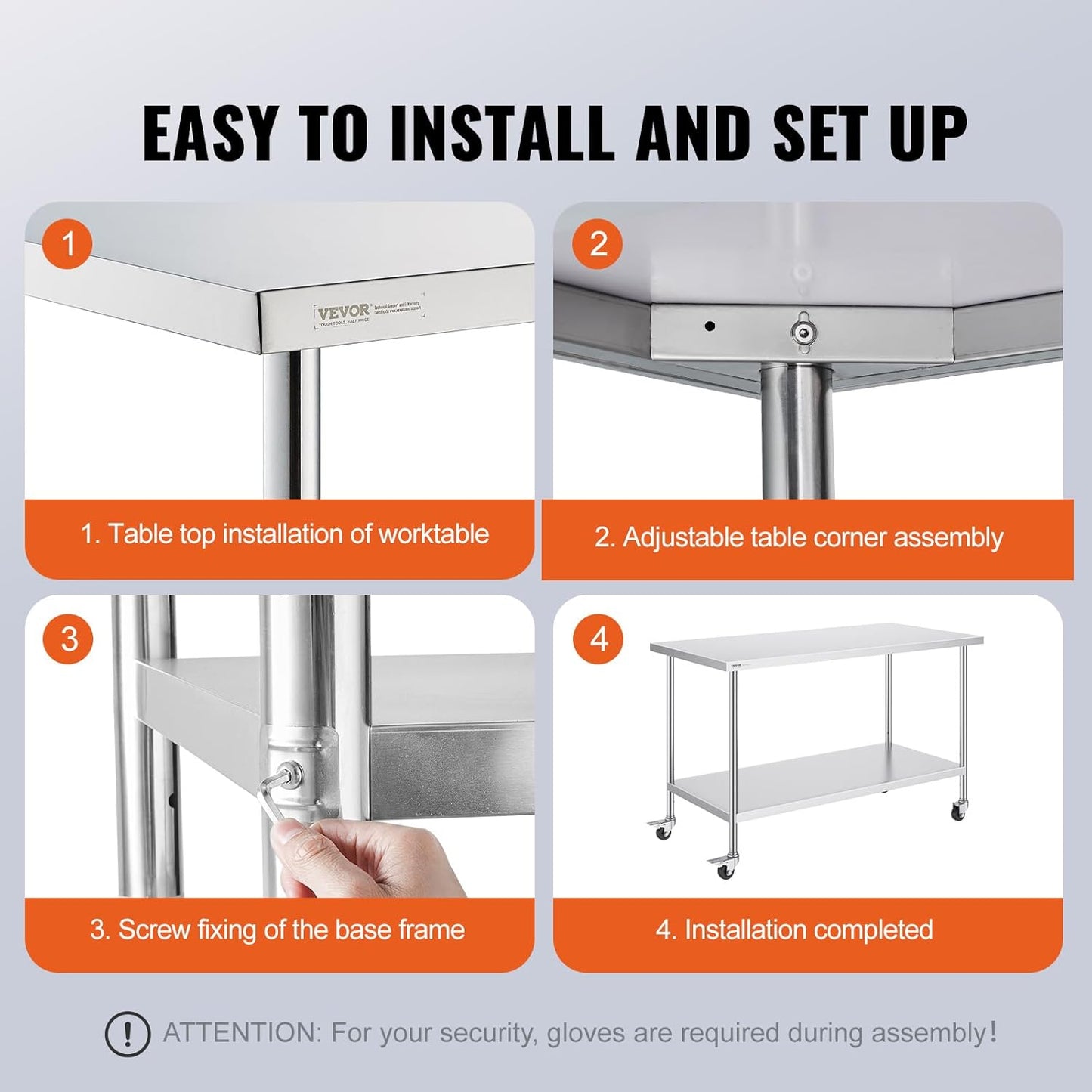 VEVOR Stainless Steel Work Table - Heavy-Duty Food Prep Table with 4 Wheels | 30 x 60 x 38 Inch, Adjustable Height