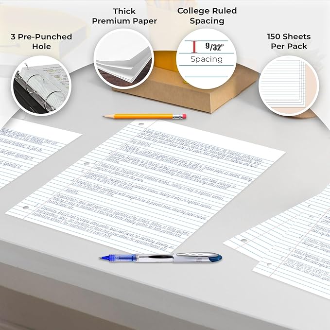 Rosmonde 6 Pack Loose Leaf Paper, 900 Sheets, College Ruled, 8" x 10.5", 56 gsm Bulk Office Filler Paper, 150 Sheets/Pack, 3 Hole Punched, College Ruled Paper for 3 Ring Binder, Notebook Paper, White