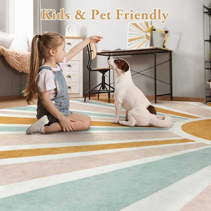 LIVEBOX Retro Sun Round Rug 4ft Boho Rug for Nursery Room,Non-Slip Circle Ultra Soft Cute Colorful Kids Rugs for Bedroom,Washable Throw Area Rugs Carpet for Living Room Indoor Office