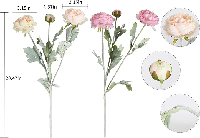 IPOPU Artificial Peonies 6pcs Ranunculus Silk Flowers 18Heads Pink Flowers Combo Champagne Fake Flowers 20.47" Faux Floral Arrangements Wedding Decorations for Home Kitchen (Champagne&Pink)