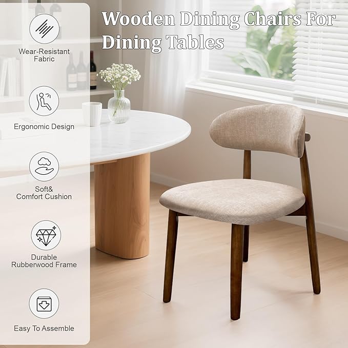 Farmhouse Dining Chairs Set of 6, Mid Century Modern Fabric Upholstered Kitchen Chairs, Wooden Dining Room Chair with Curved Back for Kitchen Dining Room Restaurant Cafe, Light Camel (Only Chairs)