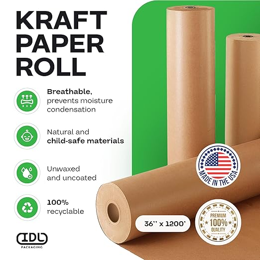 IDL Packaging 36" x 14400" (1200 feet) - USA-Made Large Brown Kraft Paper Roll - 30lb Thickness - Natural Kraft Wrapping Paper for Packing, Void Filling - Craft Material for Kids Art Projects