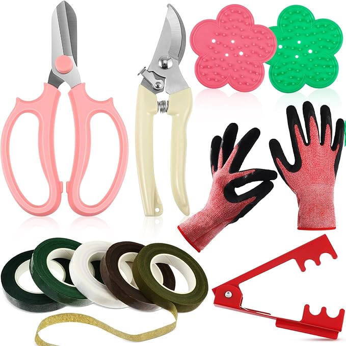 WILLBOND Floral Arrangement Kit, Christmas Rose Thorn Stripper Tool Garden Pruning Shears Scissors Rose Thorn Remover Pruner Trimmer Gloves Tapes Florist Garden Tool Gift Kit for Women(Pink)