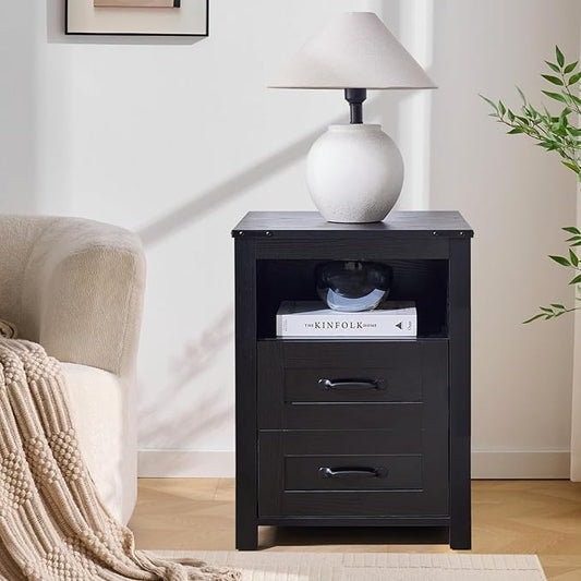 Farmhouse Night Stand, Rustic Black Nightstand for Bedroom, End Tables Without Charging Station, Bedside Table with Drawers, Wood Bedside Cabinet Dresser