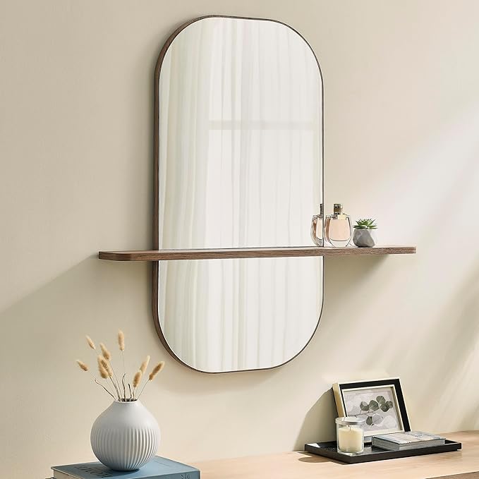 Modway Solstice Oversized Wall Mounted Oval Mirror with Shelf in Walnut – Modern Decorative Accent Mirror for Entryway, Bedroom, Living Room, or Bathroom Vanity