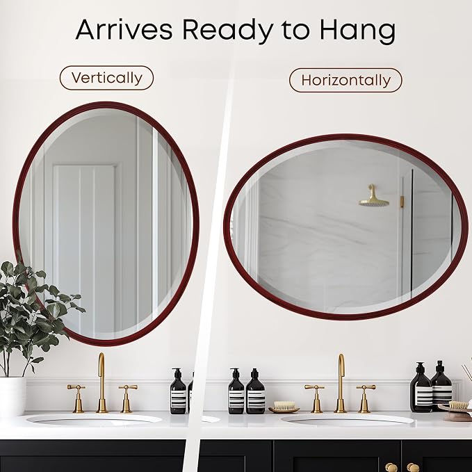 OVALCREST - Oval Wooden Beveled Wall Mirror for Home Decor, Bathroom, Vanity, Bedroom, Living Room, Hallway - London Style (Black Cherry) 41.1 x 31.1