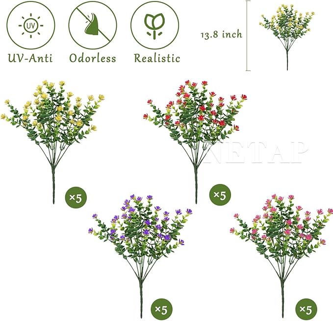 Outdoor Artificial Flowers UV Resistant, 20 Bundles Fake Realistic Floral Greenery Plants for Outside Porch, Window Boxes, Garden, Yard, Inside Home Table Decor, MixColorB
