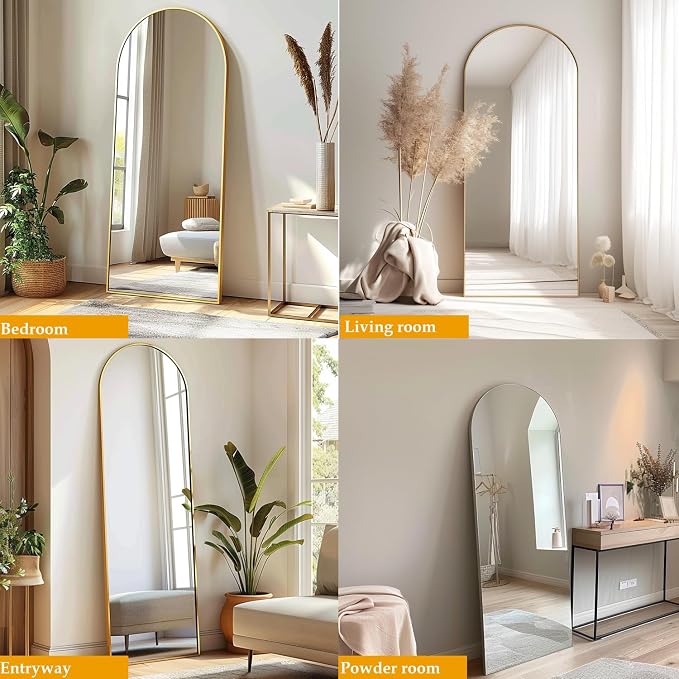 Dewfig Arched Full Length Mirror, 64"X21" Large Floor Mirror, Full Body Mirrors for Leaning or Hanging, Standing Mirrors for Bedroom, Living Room,Dressing Room, Aluminum Alloy Frame, Gold