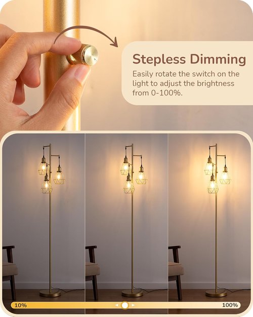 EDISHINE 70'' Dimmable Industrial Floor Lamp - Rustic Diamond-Shaped Shade | 3 LED Edison Bulbs Included, Gold