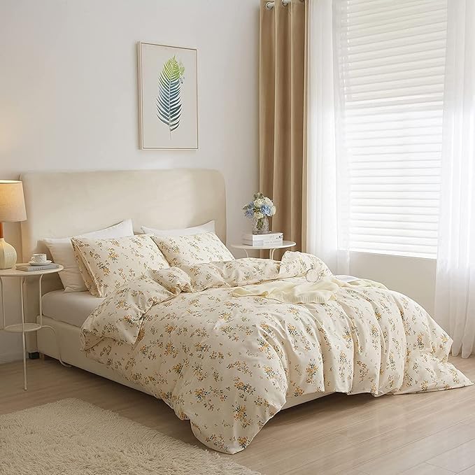 HighBuy 3 Pieces Duvet Covers Twin Size Cute Yellow Floral Duvet Cover Set,Ultra Soft Cotton Bedding Set Botanical Printed Soft Aesthetic Bed Cover with Zipper Closure 4 Ties All Season