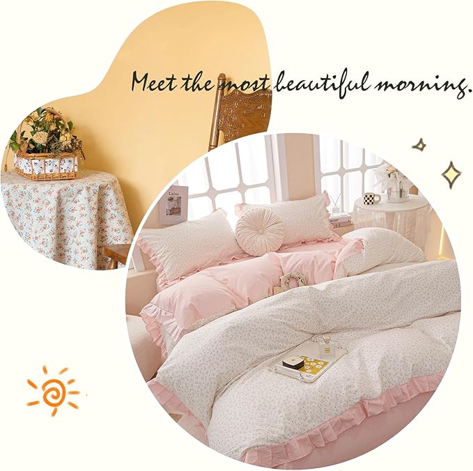 Pink Flower Duvet Cover Twin Chic Floral Print Ruffle Duvet Cover Cotton Lace Comforter Cover Country Style Floral Bedding Set Romantic Ruffle Comforter Cover Flower Bedding Cover with 2 Pillowcases