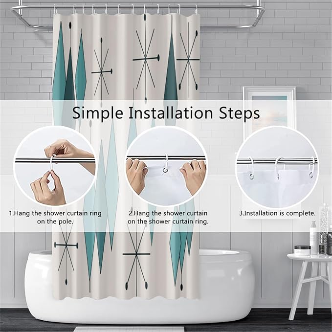 Mid Century Turquoise Shower Curtain Abstract Teal Diamond Geometric Atomic Starburst Pattern Beige Backdrop for 1950s Retro Bathroom Decor Shower Curtain Set with 12 Hooks, 48x72 Inches