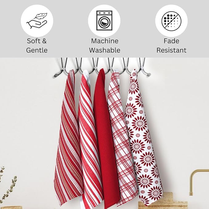 Assorted Kitchen Towels 100% Cotton Large 16x26 Inch Set of 5 - Soft Highly Absorbent Durable Reusable - Perfect for Drying Cleaning Everyday Kitchen Use - Quick Drying Dish Towels Red