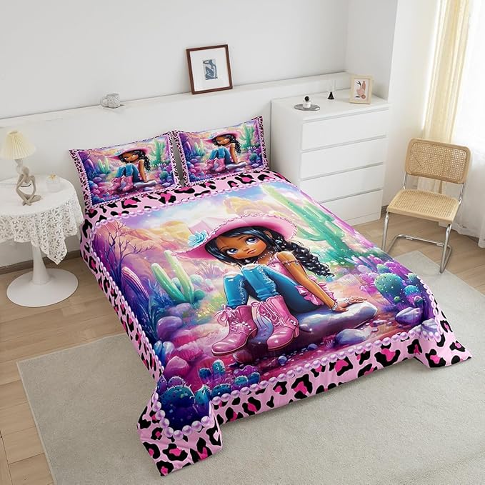 Western Cowgirl Comforter Set Queen Size,Reversible Cute Girl Cactus American Style Bedding Set for Women Adult,African Pink Leopard Print Plaid Black Luxury Bed Duvet Insert, 2 Pillowcases