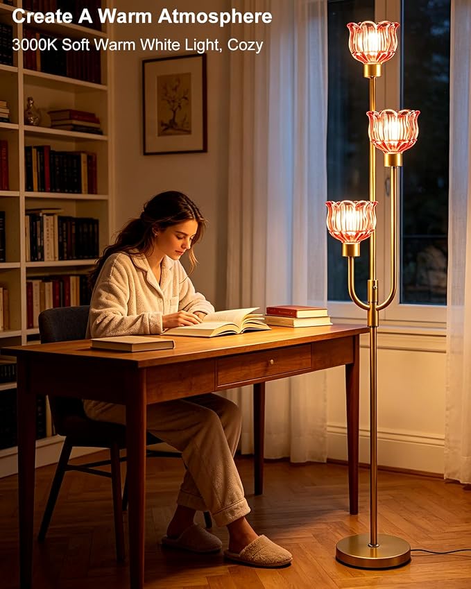 Lightdot 3-Lights Modern Glass Floor Lamp 66IN Gold Dimmable Floor Lamps with 3000K Warm White Bulbs for Wedding Party Tall Standing Lamp with Deep Red Glass Shade for Living Room/Bedroom/Home Decor