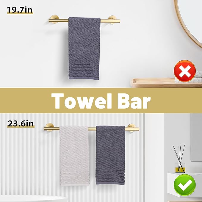 6 Pieces Brushed Gold Towel Bar Bathroom Hardware Set, 23.6Inch Brushed Gold Bathroom Accessories Towel Holder Set, SUS304 Stainless Steel Towel Racks for Bathroom