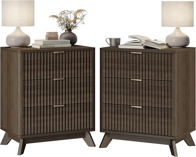 30" Tall Fluted NightStand Set of 2,Modern Side Table with Storage, 3 Drawers End Table with Charging Station,Night Stand Wood Bedside Tables for Bedroom,Curved Profile Design,Walnut