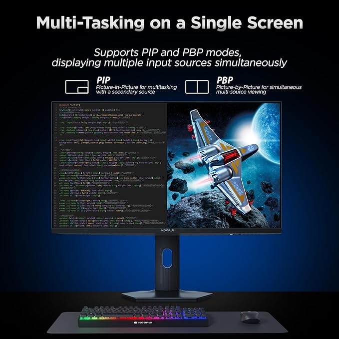 KOORUI 27" 4K QD-Mini LED Gaming Monitor - Dual-Mode (UHD 160Hz or FHD 320Hz), 1ms, 99% Adobe RGB, HDR1400, 90W USB-C, HDMI 2.1/DP1.4, VESA, Tilt Height Swivel Vertical Adjustment, Black, S2741LM