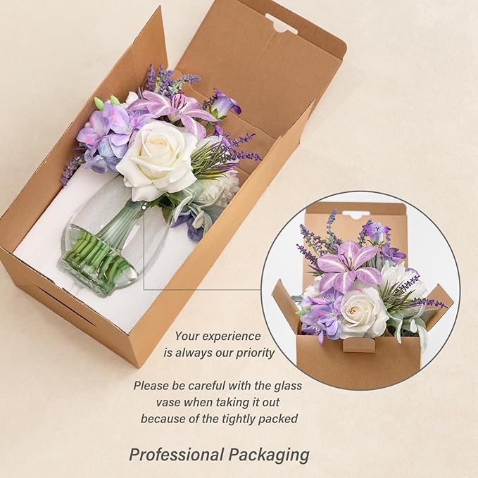 WELL KNOWN Fake Flowers in Vase Artificial Flowers with Fake Water, Real Touch Faux Silk Rose & Blooming Tulips Spring Flower with Lavender Arrangements for Table Decor (White Purple)