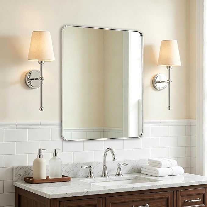 ANDY STAR Chrome Mirror for Bathroom, 22"x30"Metal Frame Wall Mirror, Rectangular Stainless Steel Rounded Corner Mirror with 1" Deep Set Design Hangs Horizontal Or Vertical
