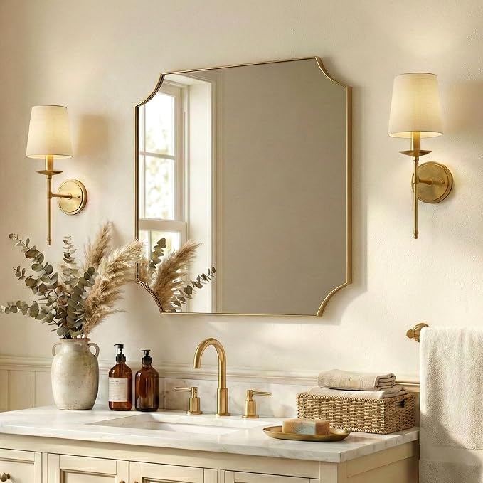 ANDY STAR 30"x30" Gold Vanity Mirror, Square Bathroom Mirror, Antique Brushed Brass Scalloped Mirror in Rust-Proof Stainless Steel Frame, Unique Scalloped Corner Design Ideal for Bathroom Remodel
