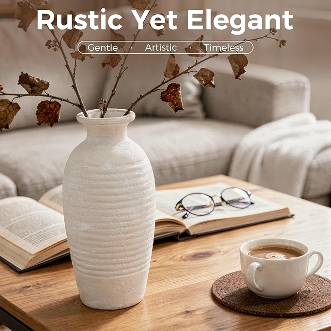 Rustic Ceramic Threaded White Vase, 14.4" H Tall Vases for Centerpieces,Handmade Large Decorative Vase for Living Room Decor,Vintage Farmhouse Pottery Flower Vase for Entryway Fireplace|Off-White