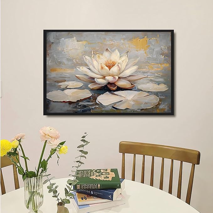Ethereal white lotus floating on Crystal Waters poster vintage oil painting printwall art soft blush and gold accents serene home and office decor dreamy 24x36in Metal blackFramed
