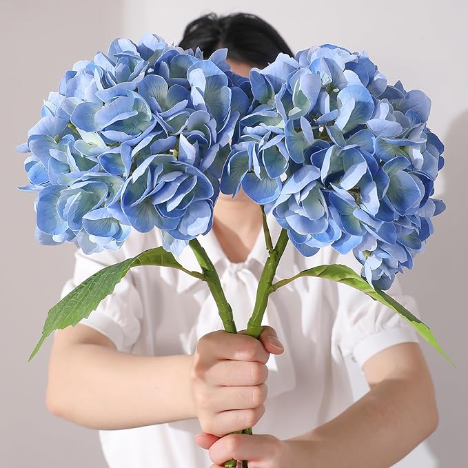 2Pcs Hydrangea Artificial Flowers, 22.44" Real Touch Latex Faux Hydrangea with Long Stems & Leaves for Home Office Decor or Wedding, Party, Centerpieces, Floral Arrangements (Blue)