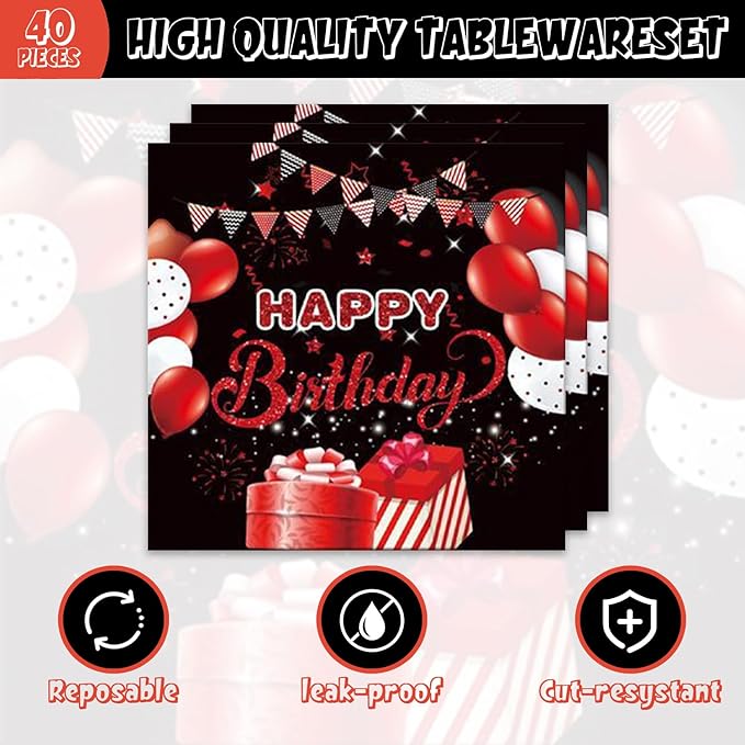 48Pcs Black and Red Happy Birthday Decorations Tableware Inculde Plates Napkins Forks Red and Black Birthday Party Supplise Serve 16 Guests