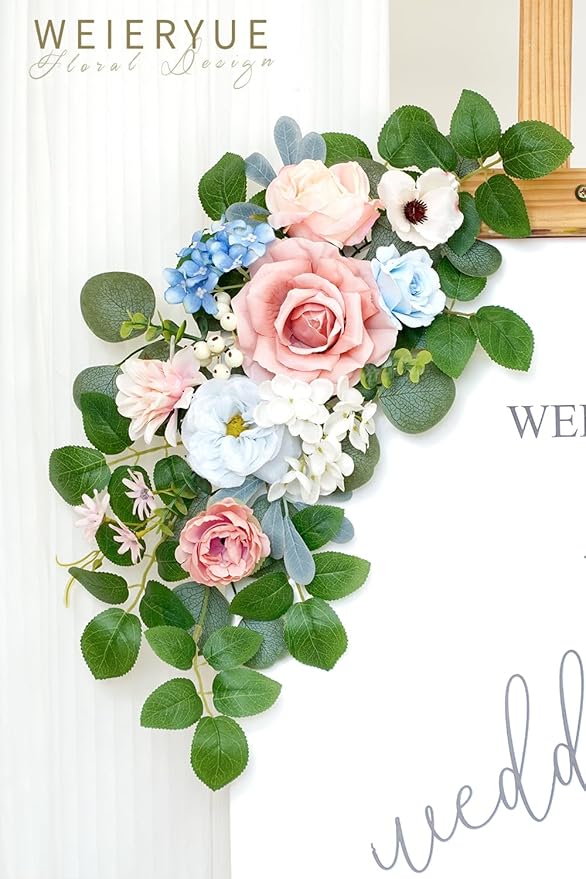 WEIERYUE(Pack of 2 Artificial Flowers Decorations,Artificial Arch Backdrop Garlandfor Ceremony Party Reception Entrance Welcome Easel Door Floral Decor Wall Home Entryway Outdoor (Soft Blue Powder)