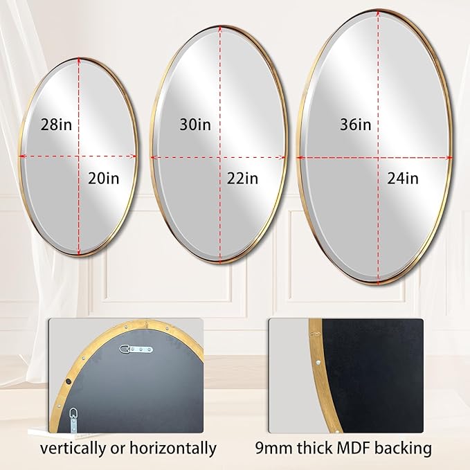 POZINO Brushed Gold Beveled Mirror, 24"x36" Brass Oval Mirrors, Bathroom Mirror for Over Sink, Modern Rounded Vanity Wall Mirrors in Premium Stainless Steel Frame, Hangs Horizontal Or Vertical
