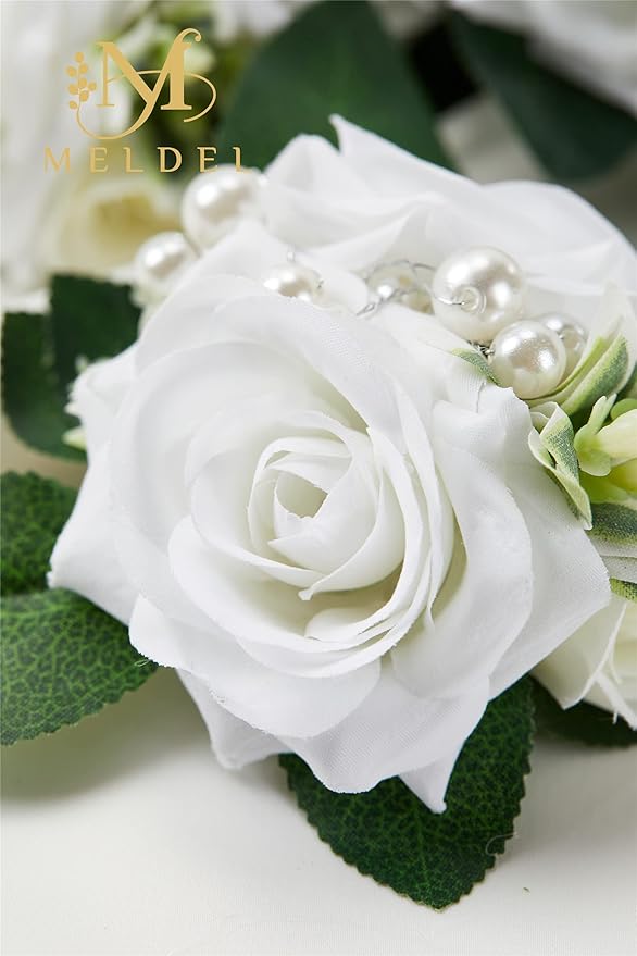 Meldel White Ivory Rose Floral Shoulder Corsages & Boutonniere for Men Wedding, Set of 6, Bride Bridal Bridesmaid Groom Groomsmen Boutineers for Ceremony Anniversary Party Prom Boutonniere