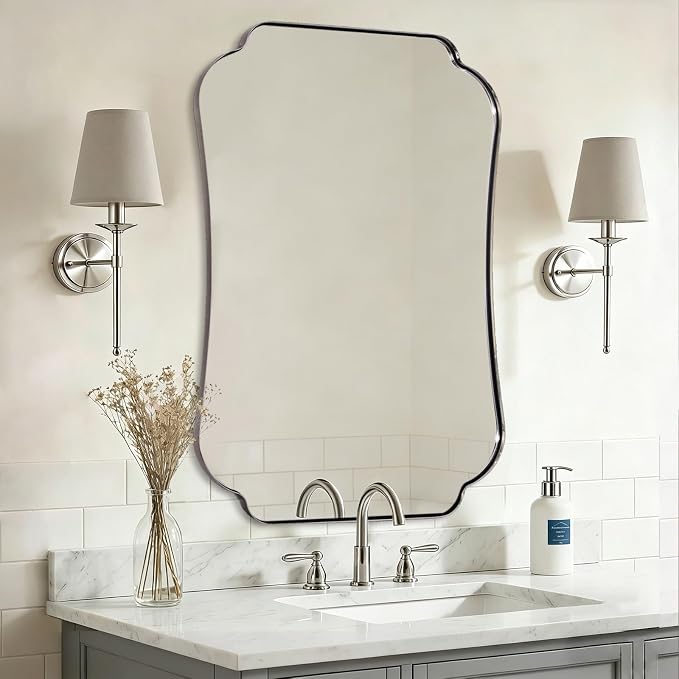 ANDY STAR Large Chrome Bathroom Mirror, 30x48Inch Polished Chrome Mirror, Scalloped Bathroom Mirror with Stainless Steel Metal Frame, Rust-Proof Frame Deep 1’’