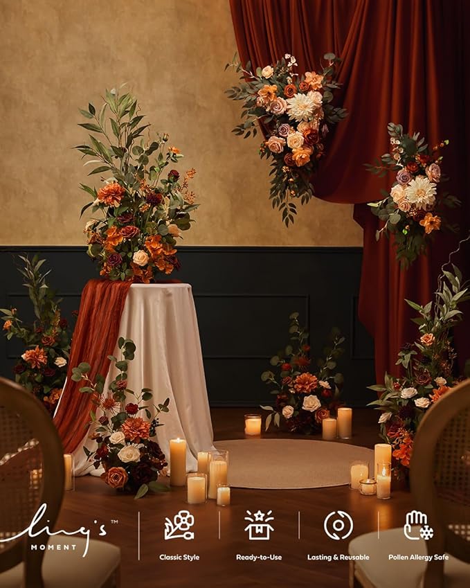Ling's Moment 41" Tall Fall Free Standing Artificial Flowers Arrangements 2 pcs Wedding Arch Altar Stage Decorations Sunset Terracotta For Ceremony Reception Church Backdrop Outdoor Aisle Floral Party