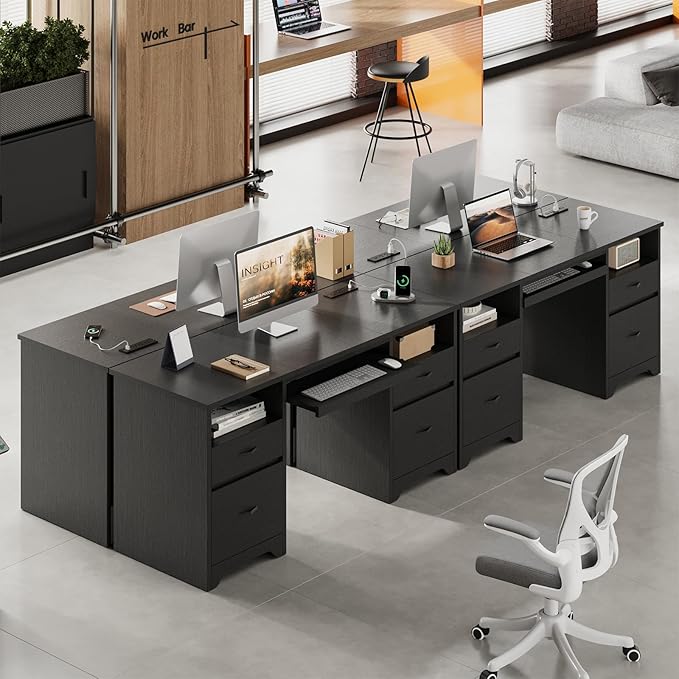 Bestier 59” Computer Desk with 4 Drawers, Office Desk with Storage, Modern Executive Desk with Charging Station, Keyboard Tray & Wooden Pedestals on Both Sides for Home Office & Studio, Black