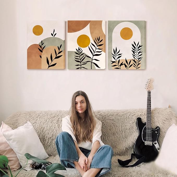 SERIMINO Botanical Wall Art, Boho Canvas Wall Decor for Living Room, Set of 3, Minimalist Orange Sun Artwork Paintings Wall Decor for Bedroom, Office,12 x16 inch