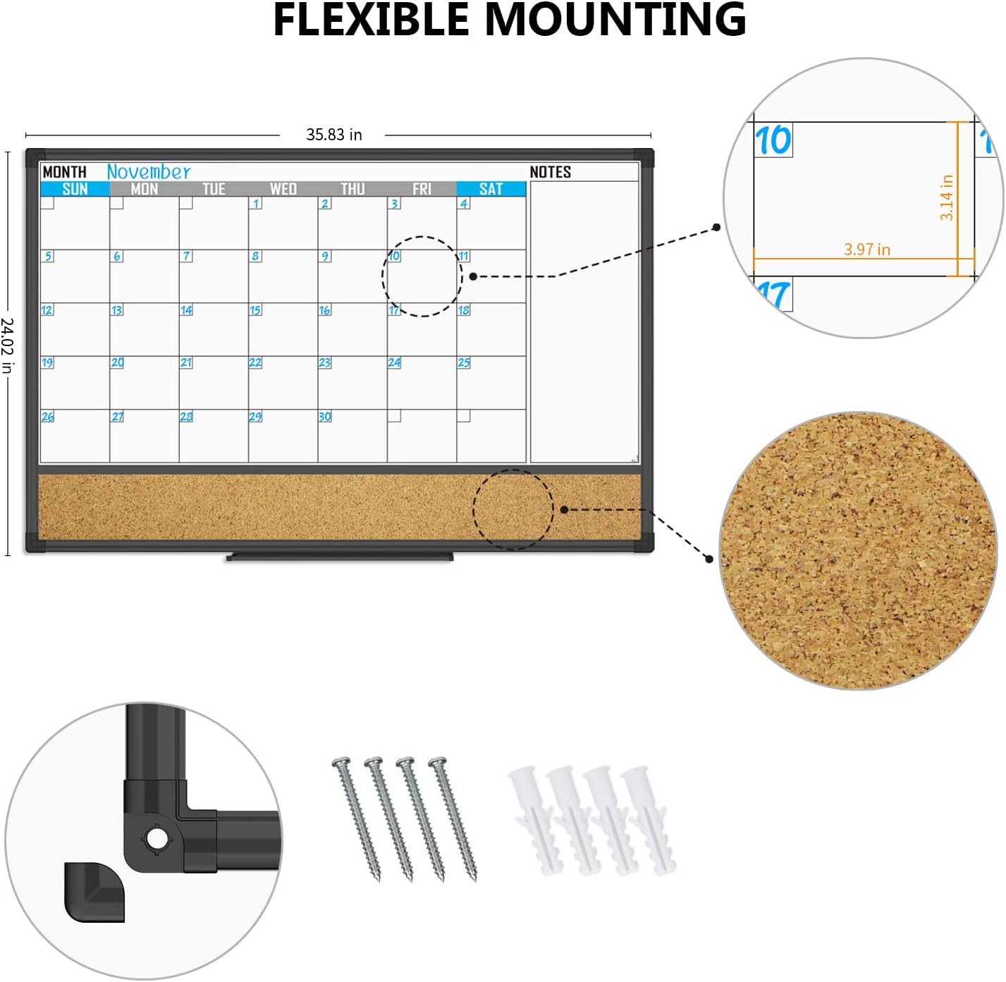XBoard Dry Erase Calendar | 36" x 24" Magnetic Whiteboard & Corkboard Combo with Push Pins & Marker Tray