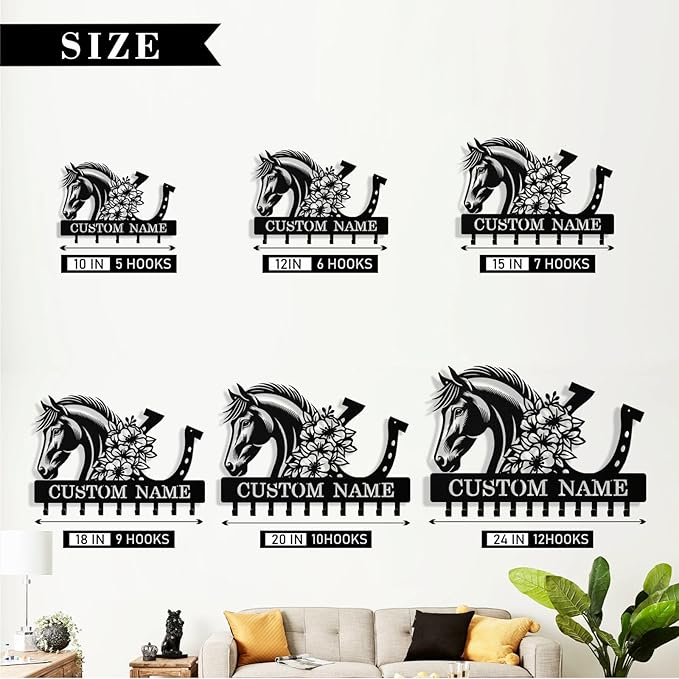 Syneiro Personalized Horse Key Holder Wall Mount, Custom Metal Keys Holder for Wall with Name, Wall Home Key Hanger Rack with Hooks for Entryway, Front Door, Living Room, Kitchen, Bathroom, Garden