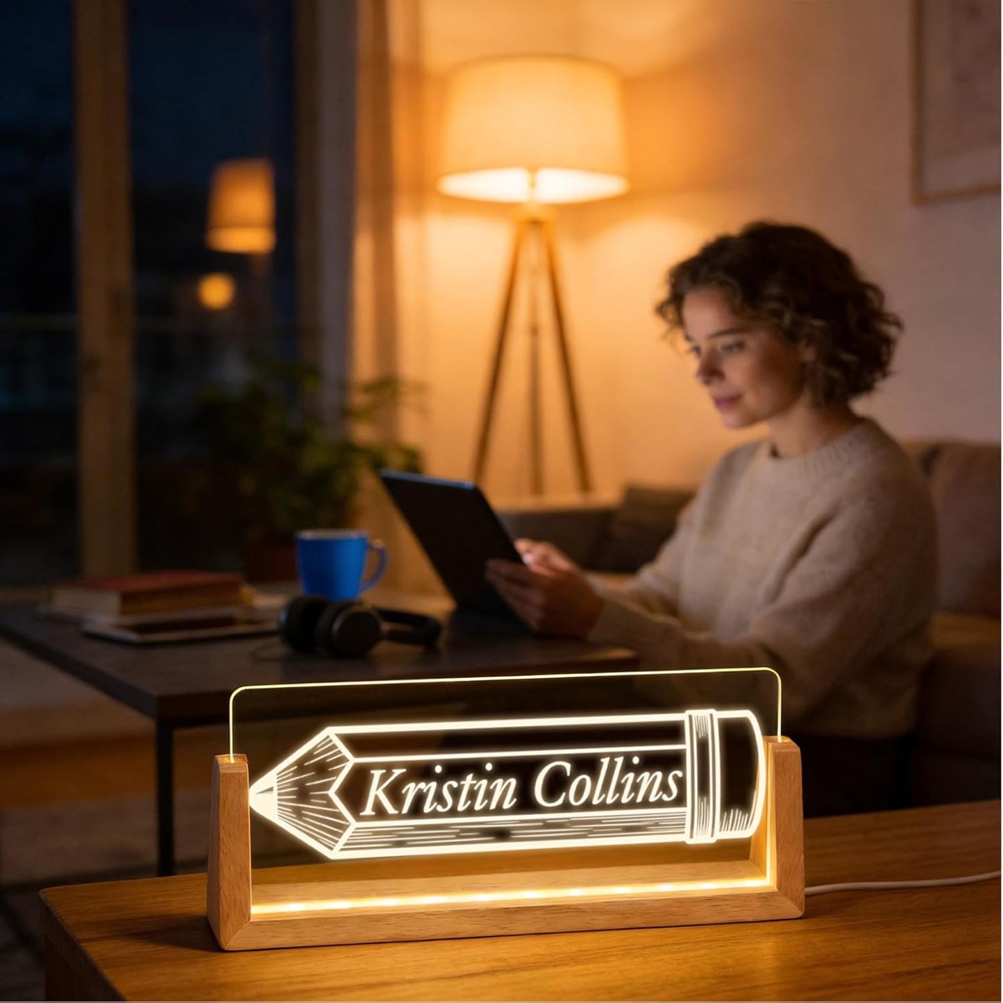 Skiennix Personalized Light Up Acrylic Desk Name Plate - Custom Walnut Base Office Gift (Pencil)