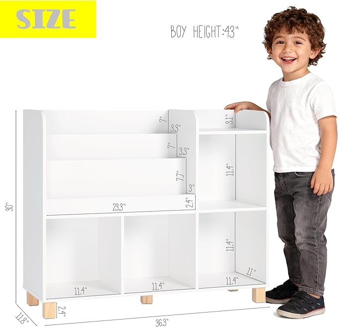 Spirich Kids Bookshelf and Toy Storage, Children Cube Organizer Bookcase Shelf, Tall Kids Book Rack for Bedroom, Playroom and Nursery, White