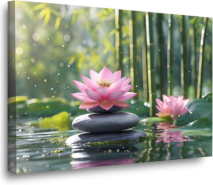Ethereal pink lotus on obsidian Sunlit bamboo forest with sparkling water drops Poetic nature inspired wall art for tranquil homes and mindful spaces 12x18in Wood Framed