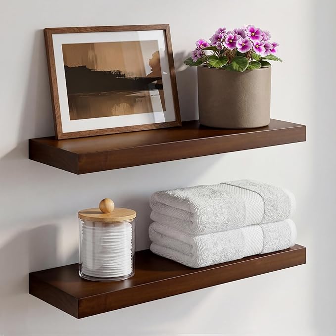 Homeforia Walnut 18 inch Floating Shelf, High End Solid Real Wood 18inch Floating Shelves for Wall Mounted, Dark Brown 18 inches Long Floating Shelves, Heavy Duty Bracket, 18 X 6.5 X 1.75 in, Set of 4