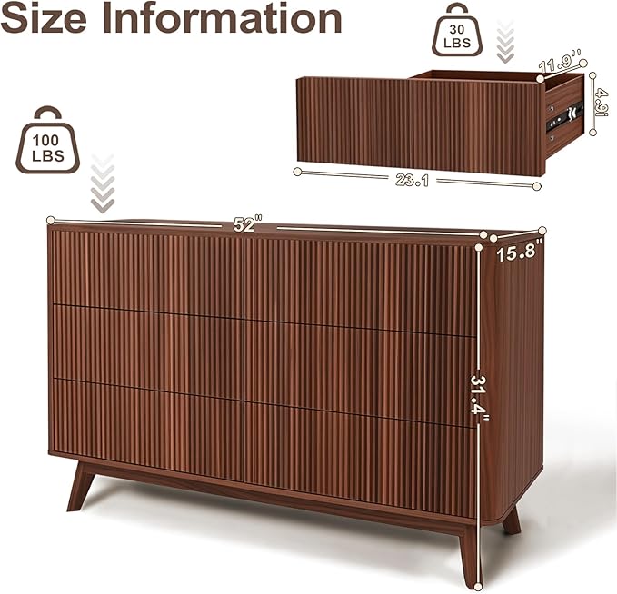 Fluted 6 Drawers Dresser for Bedroom,52" Wide Handleless Chest of Drawers with Faux Marble Top, Wooden Dresser TV Stand, Wood Drawer Organizer for Living Room, Hallway, Walnut