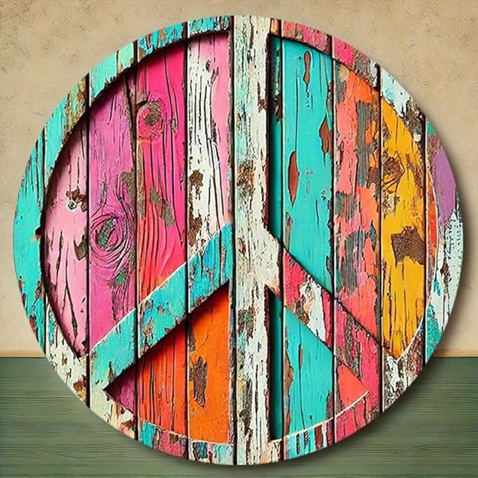 Colorful Peace Symbol Round Aluminum Sign - Vibrant High-Definition Print, Weathered Wood Design, Easy to Hang,Decorative Wall ArtPerfect for Room Decor7.98x7.98Inches