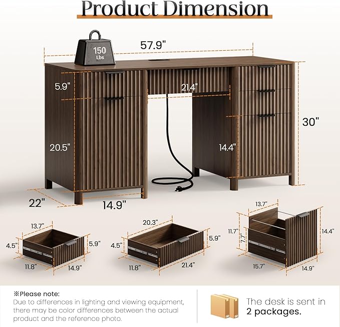 58" Fluted Home Office Desks with Storage, Modern Executive Desk Computer Desks with 5 Drawers & Cabinet, Wood Work Desk File Drawer for Office, Bedroom, Study, Living Room, Walnut
